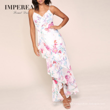 Frilled Hem Spaghetti Strap Printed Dinner Long Women Maxi Dress For Ladies